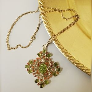Vintage Dodds 60's peridot carnelian coral necklace gold chain pendant natural